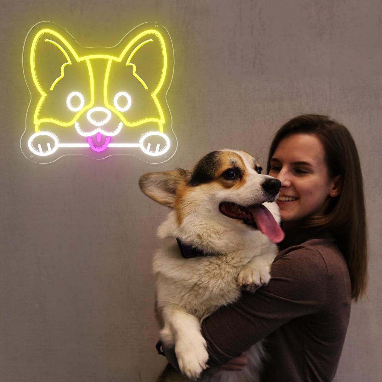 Corgi Neon Sign LED Wall Light - Lemon Yellow & Cool White Dog Head Decor, 10.9x12 Inch USB Powered