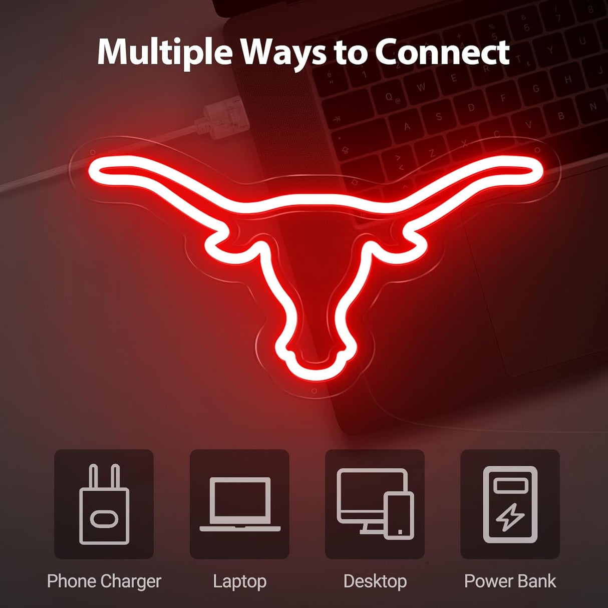 Texas Bull Neon Sign for Wall, Remote Dimmer Red Western Texas Bull Skull Led Neon Light Sign