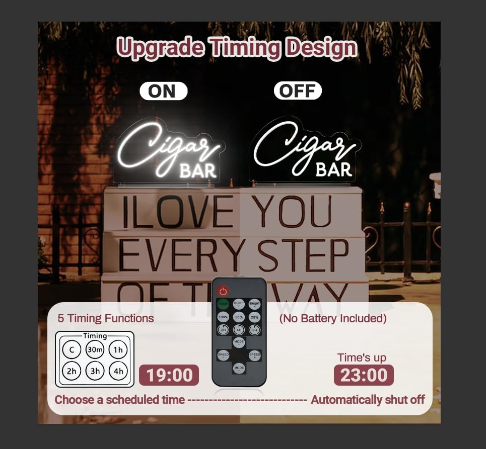 Cigar Bar Neon Sign Tabletop, White Wedding LED Neon Light with Stand, Handmade Cigar Bar