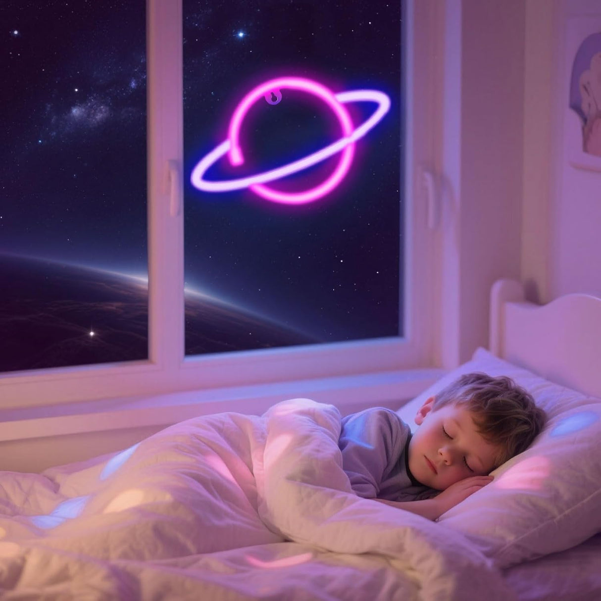 Planet Led Sign for Wall Decor, USB or Battery Operated Pink/Blue Planet Led Neon Light for Bedroom,