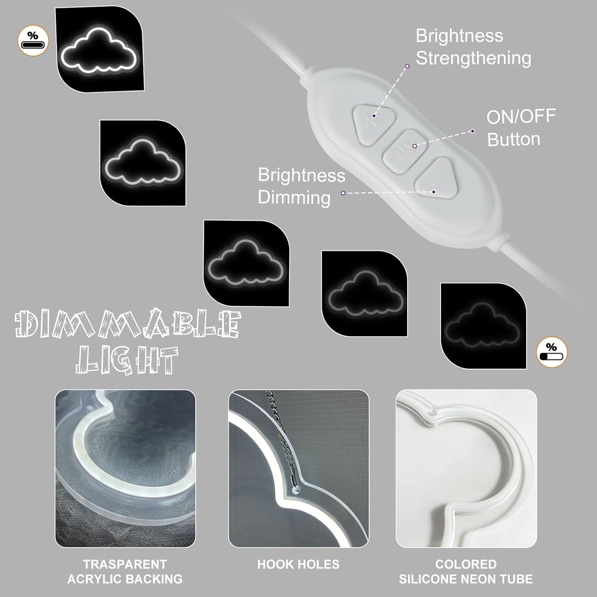 Cloud Neon Sign Cute White Clouds LED Light Sign for Wall,Dimmable USB Floating Clouds