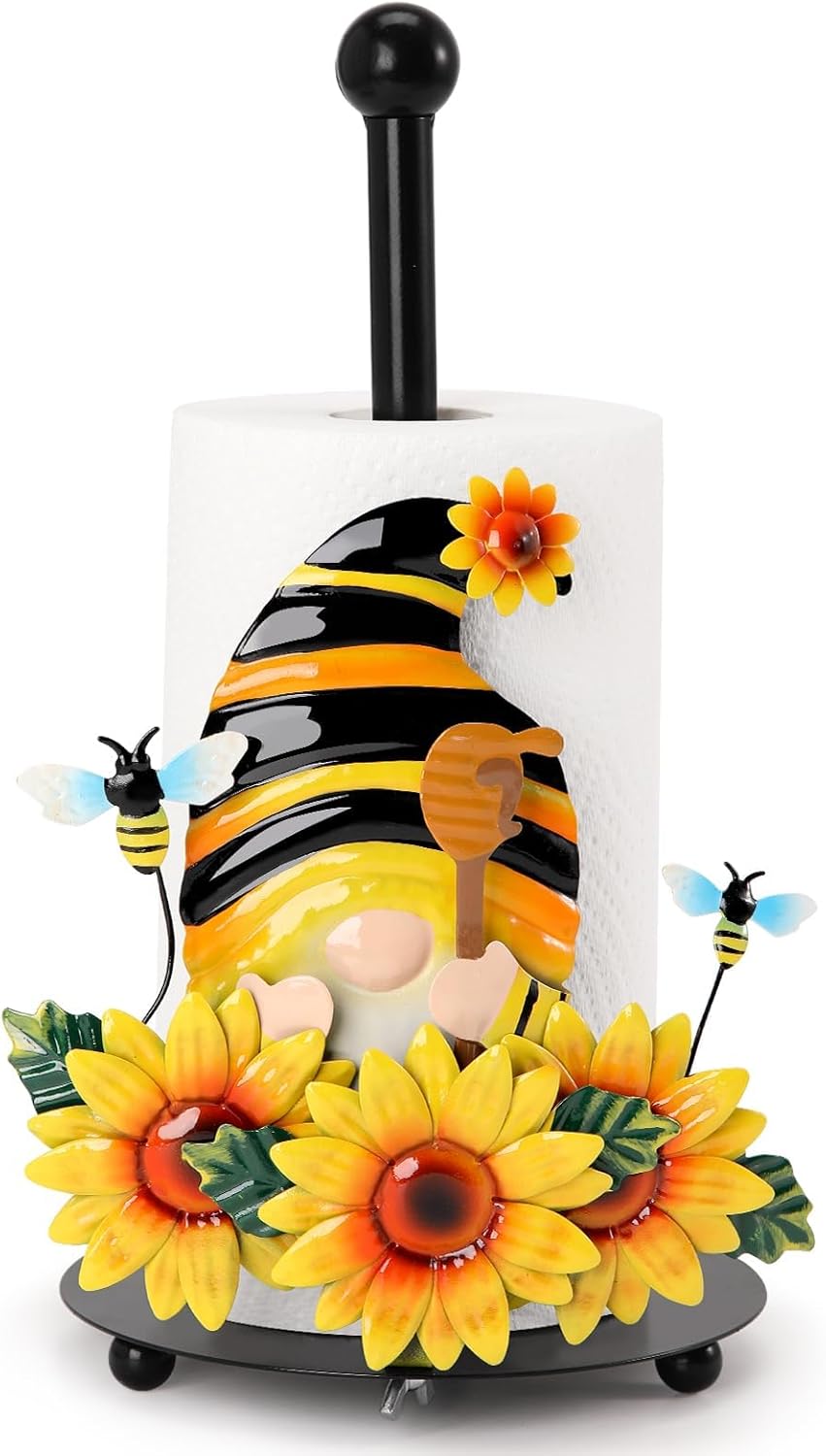 Qmetalart Sunflower Gnome Paper Towel Holder, Gnome Honey Bees Kitchen Bathroom Decor