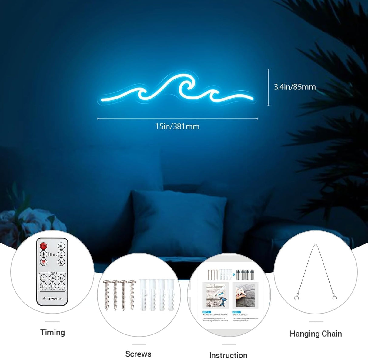 Wave Neon Sign, Wave Light up Wave Night Lamp for Bedroom, USB Power Led Neon Wave Light for Wall Decor