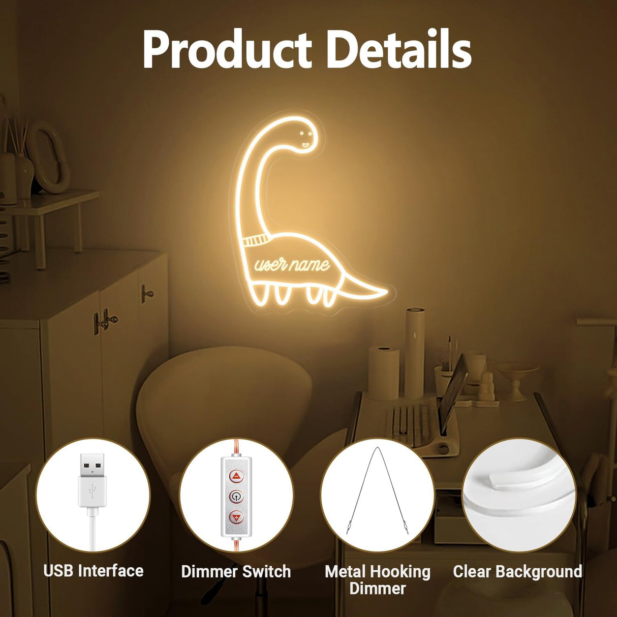 Custom Name Kids Night Light, Dinosaur Room Decor, USB-Powered Nursery Lamp,