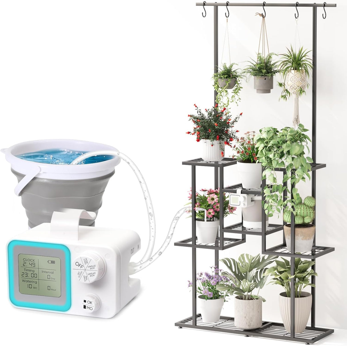 Self-Watering Outdoor Plant Stand with Automatic Drip Watering System 4 Tier with Hanging