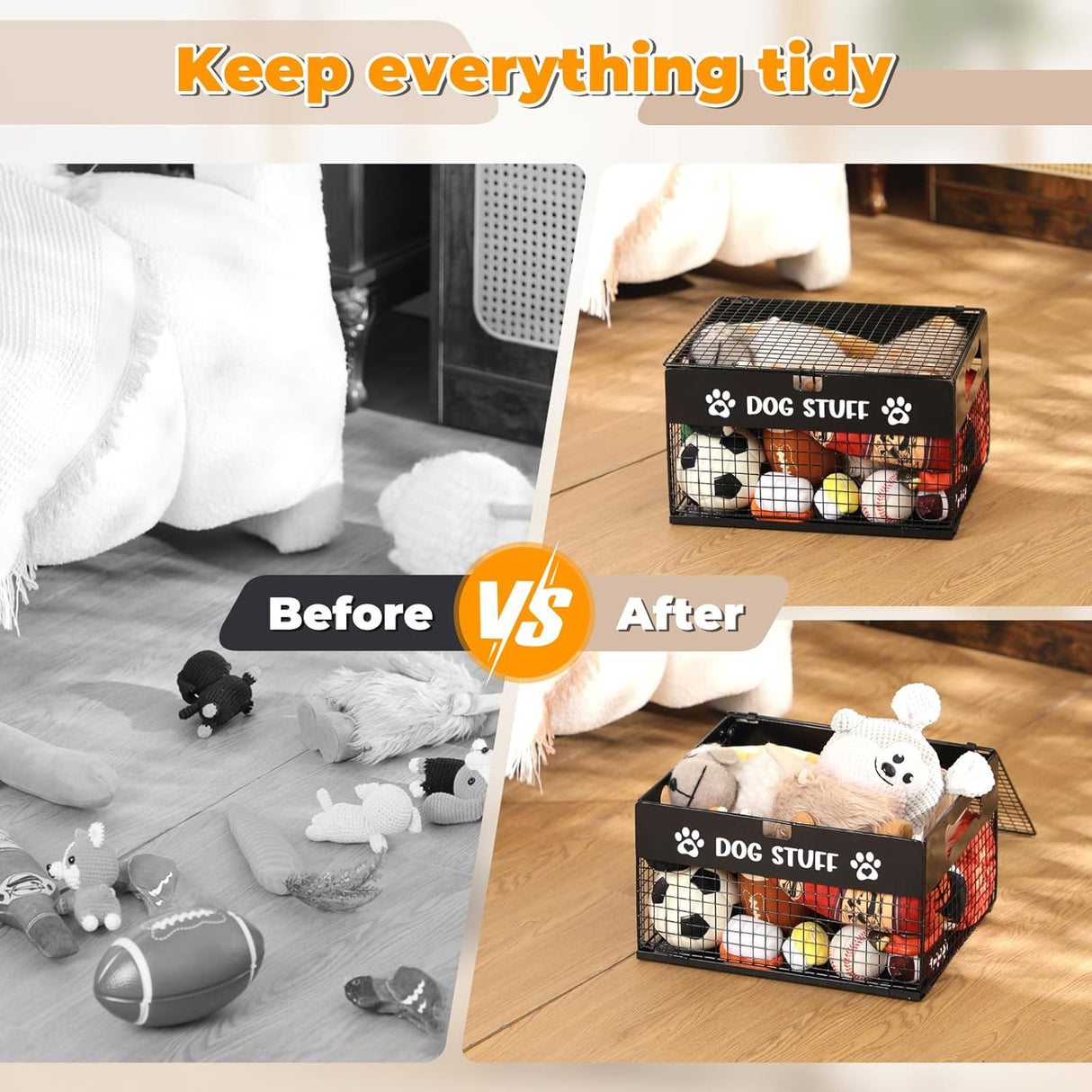 Qmetalart Dog Toy Box, Metal Dog Toy Storage Box with Lid, Chew-Resistant Dog Toy Basket, Durable