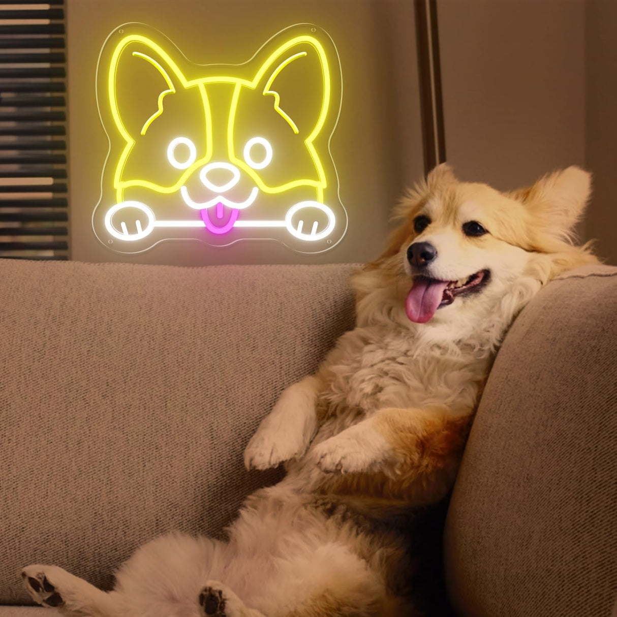 Corgi Neon Sign LED Wall Light - Lemon Yellow & Cool White Dog Head Decor, 10.9x12 Inch USB Powered