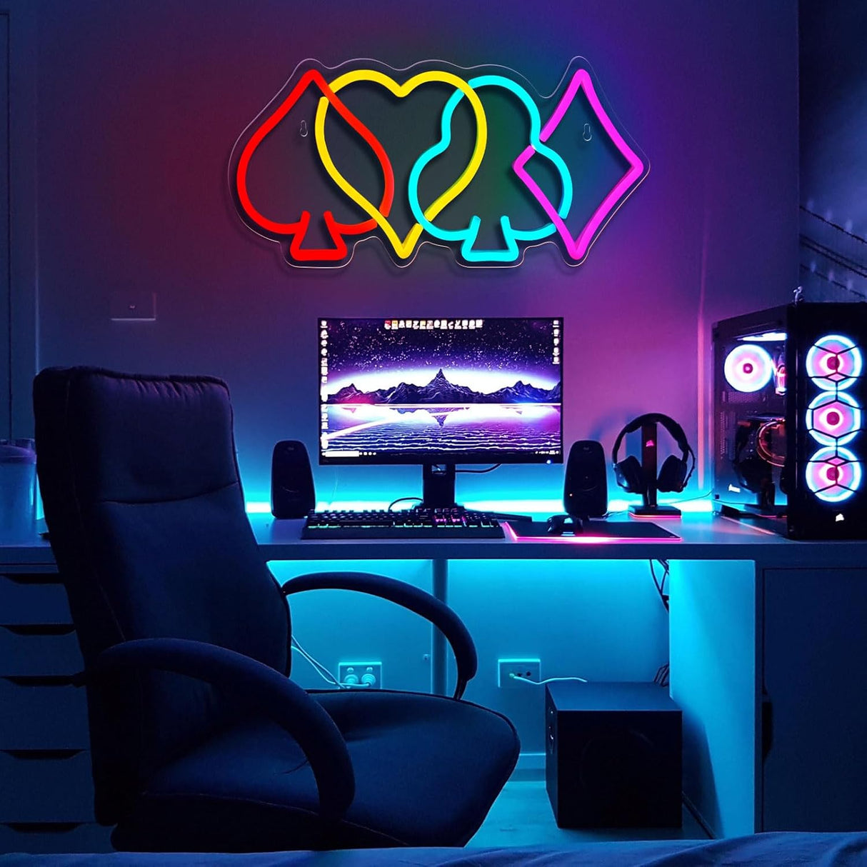 Poker Neon Sign–LED Playing Cards Neon Light for Wall Decor, USB Powered Dimmable