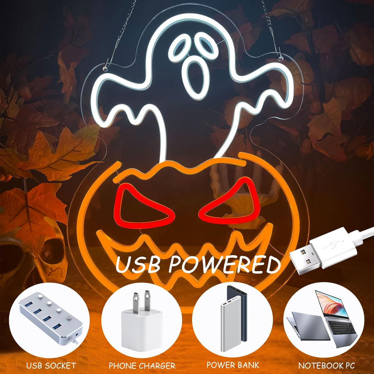 Halloween Ghost Pumpkin Neon Sign,Ghost Face Neon Light Spooky Pumpkin Neon Light Up Signs