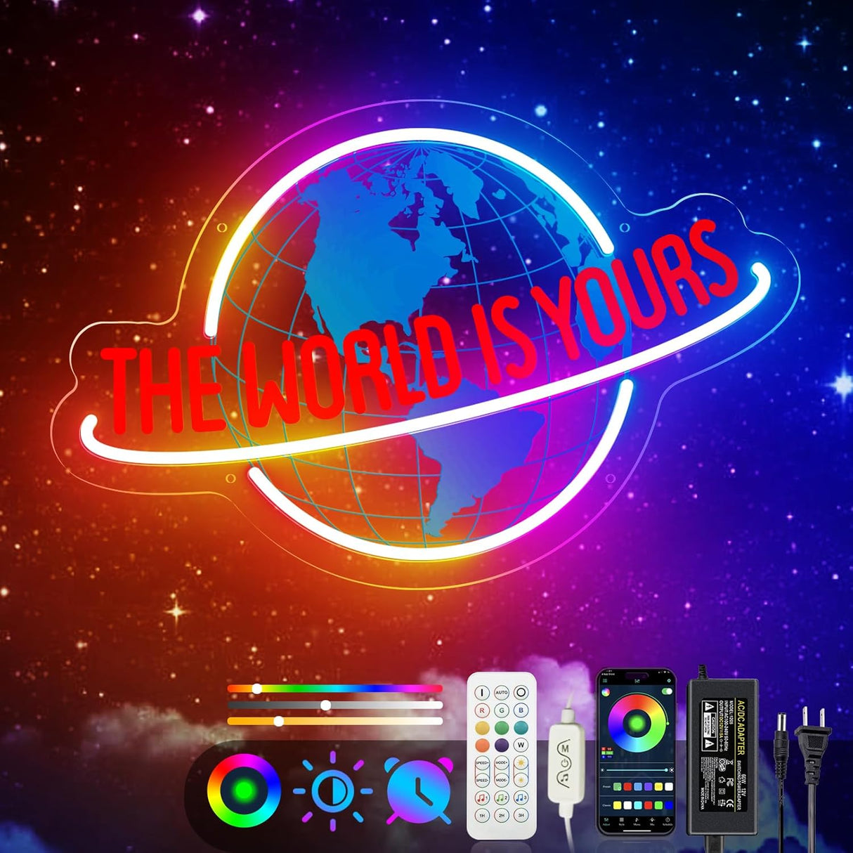 The World is Yours Neon Sign, 7RGB Planet LED Neon Light Lamp for Wall Decor, USB Power for Man Cave Home
