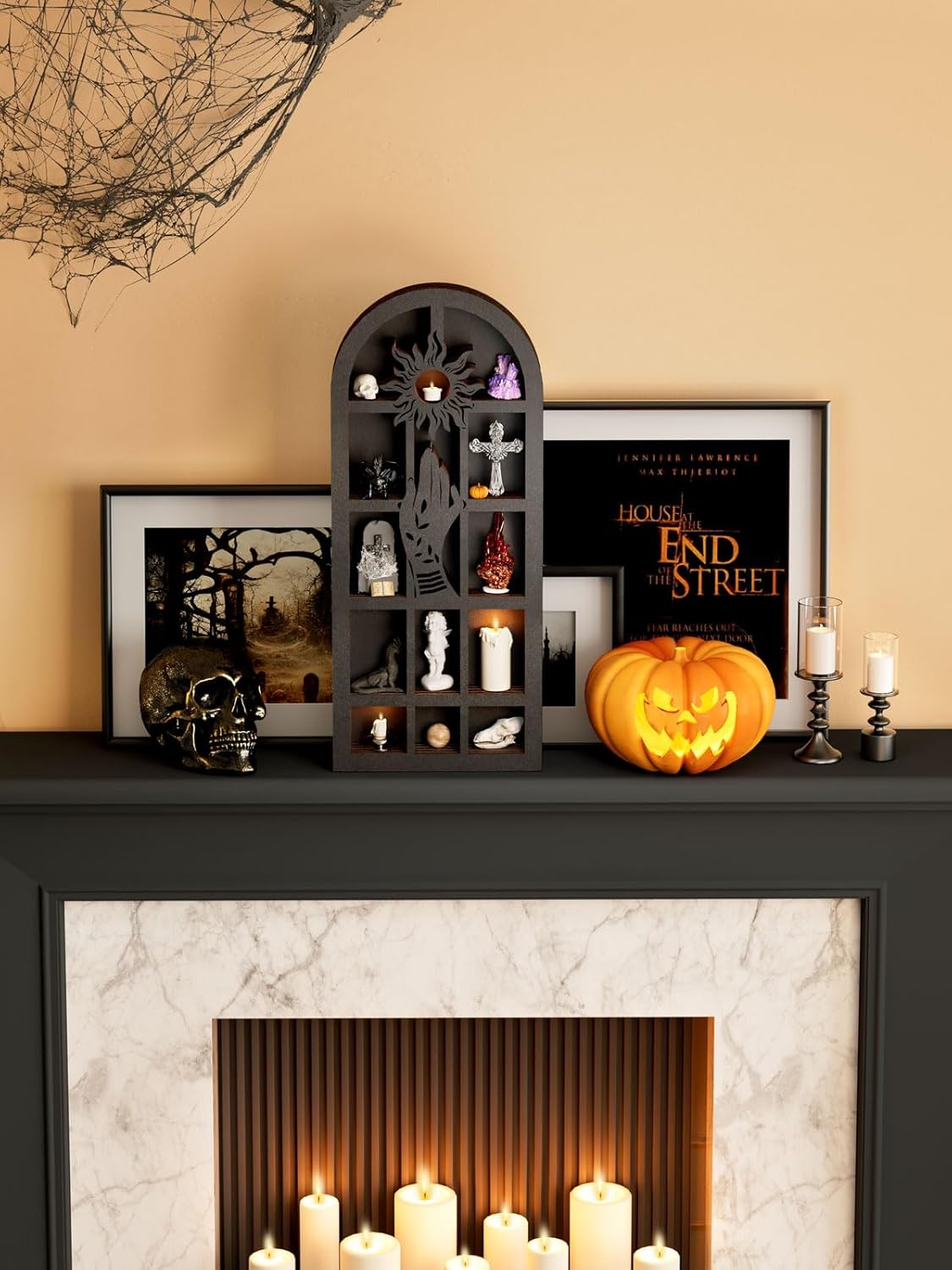 Qmetalart Religious Trinket Shelf, Crystal Display Shelf Storage Wall Hanging Wooden