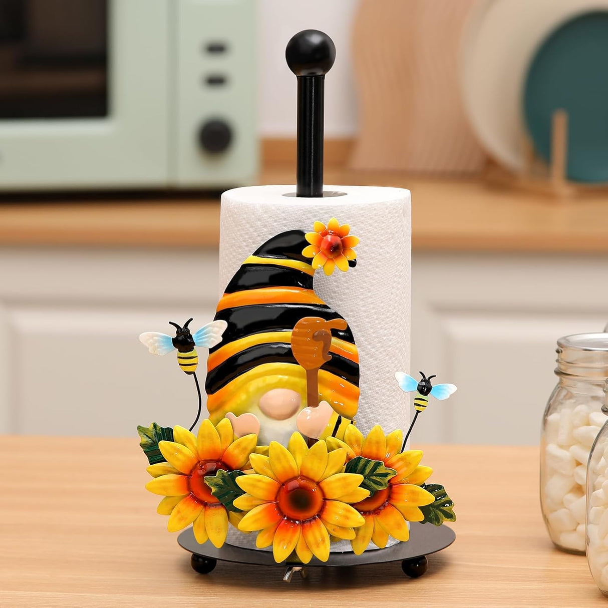 Qmetalart Sunflower Gnome Paper Towel Holder, Gnome Honey Bees Kitchen Bathroom Decor