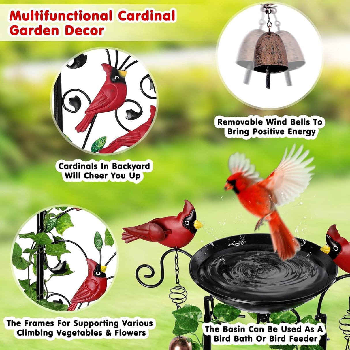 Cardinal Bird Bath Garden Trellis for Climbing Plants Outdoor Wind Chime Decor Red Birds