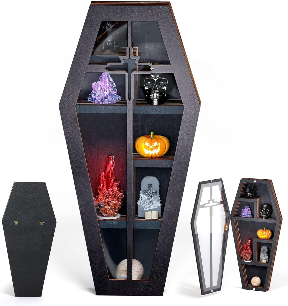 Qmetalart Coffin Shelf with Acrylic Dust Cover, Wooden Gothic Decor for Display or Storage Rocks Mini Figures,
