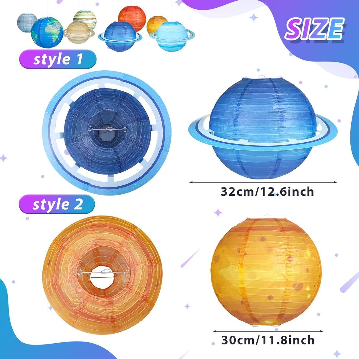 8 PCS Planet Paper Lanterns, 12 Inch Outer Space Party Decorations, Solar System