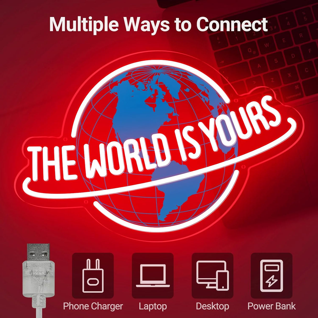 The World is Yours Neon Sign, Dimmable Red Planet LED Neon Light Lamp for Wall Decor, USB