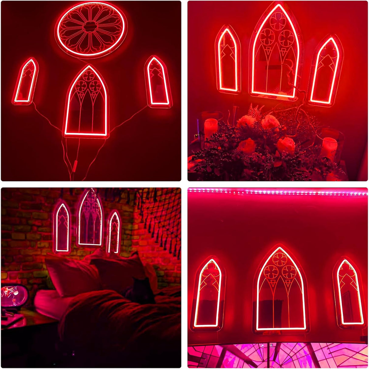 Gothic Mirror Neon Sign, 3 Piece Dimmable Retro Red Gothic Cathedral Arch Window Light