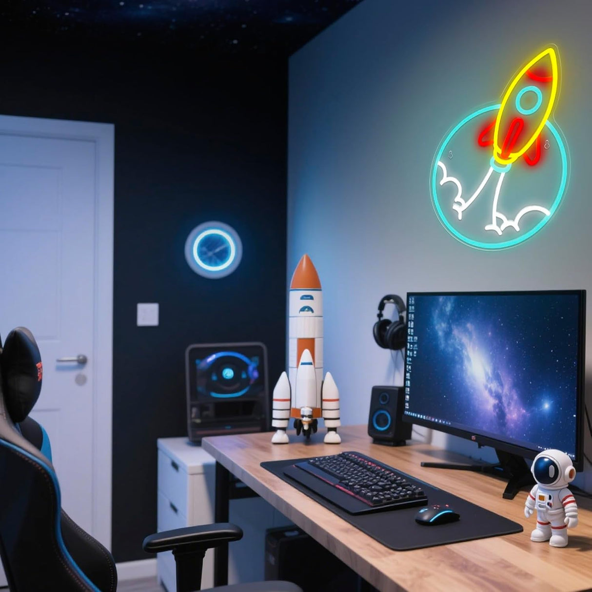 Rocket Neon Sign for Wall Decor LED Dimmable Space Neon Light for Boys Room, Game Room,