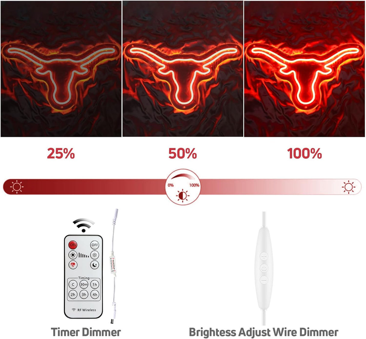 Texas Bull Neon Sign for Wall, Remote Dimmer Red Western Texas Bull Skull Led Neon Light Sign