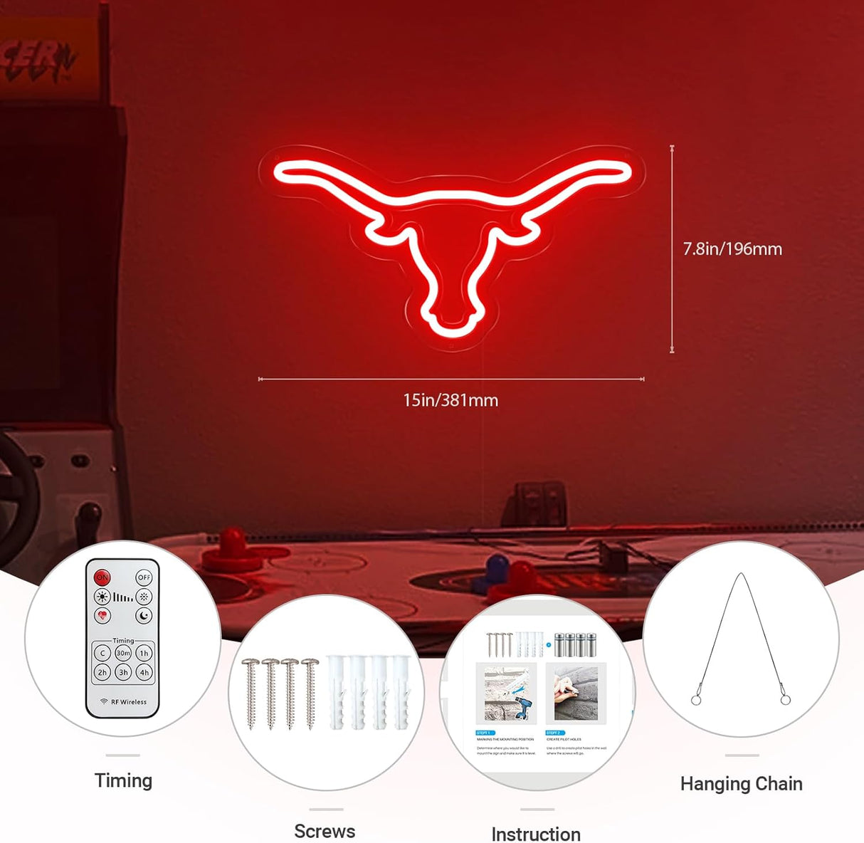 Texas Bull Neon Sign for Wall, Remote Dimmer Red Western Texas Bull Skull Led Neon Light Sign