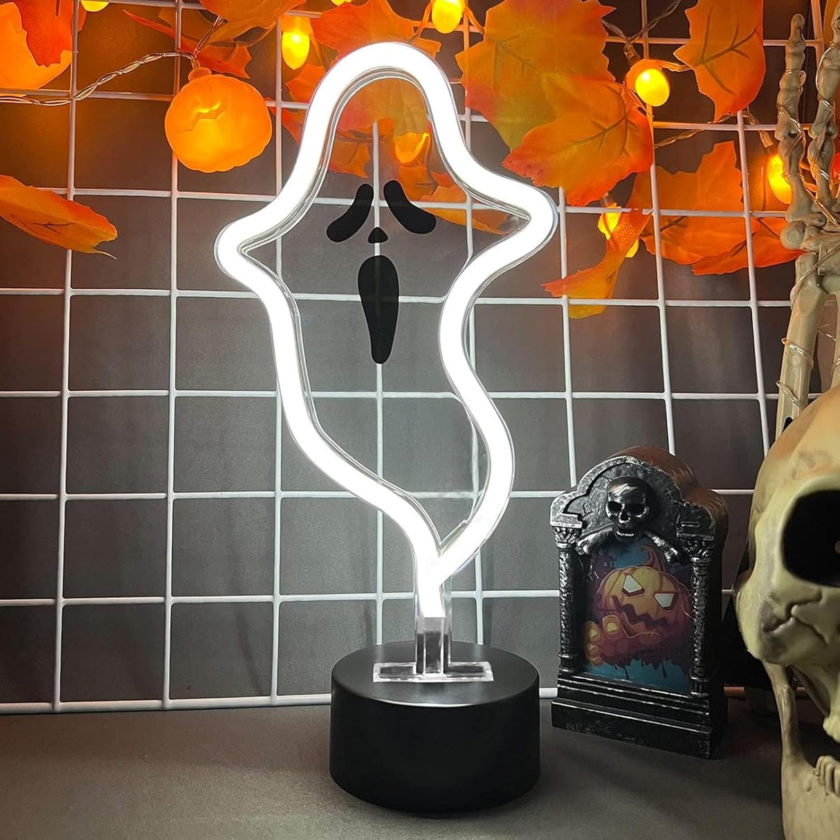 Halloween Ghost Neon Sign, Halloween Decoration LED Ghost Neon Light Sign with Base,