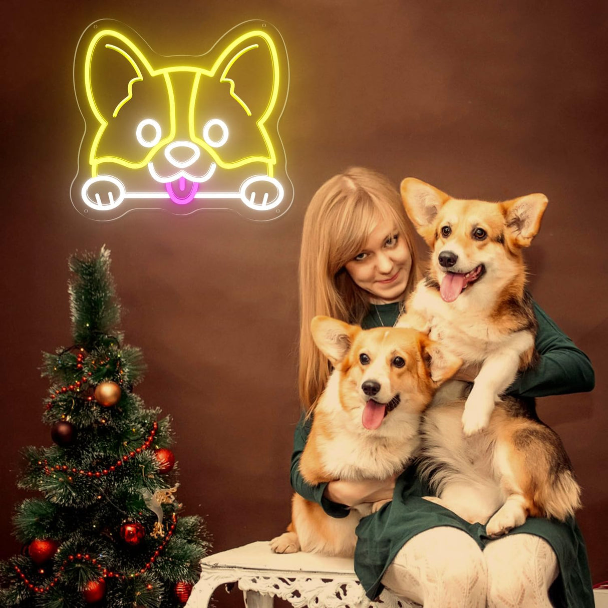 Corgi Neon Sign LED Wall Light - Lemon Yellow & Cool White Dog Head Decor, 10.9x12 Inch USB Powered