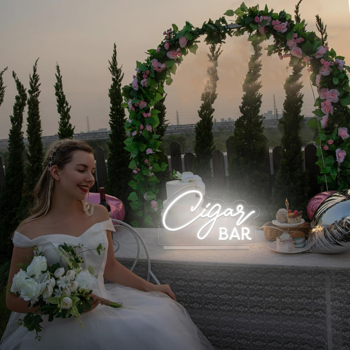 Cigar Bar Neon Sign Tabletop, White Wedding LED Neon Light with Stand, Handmade Cigar Bar