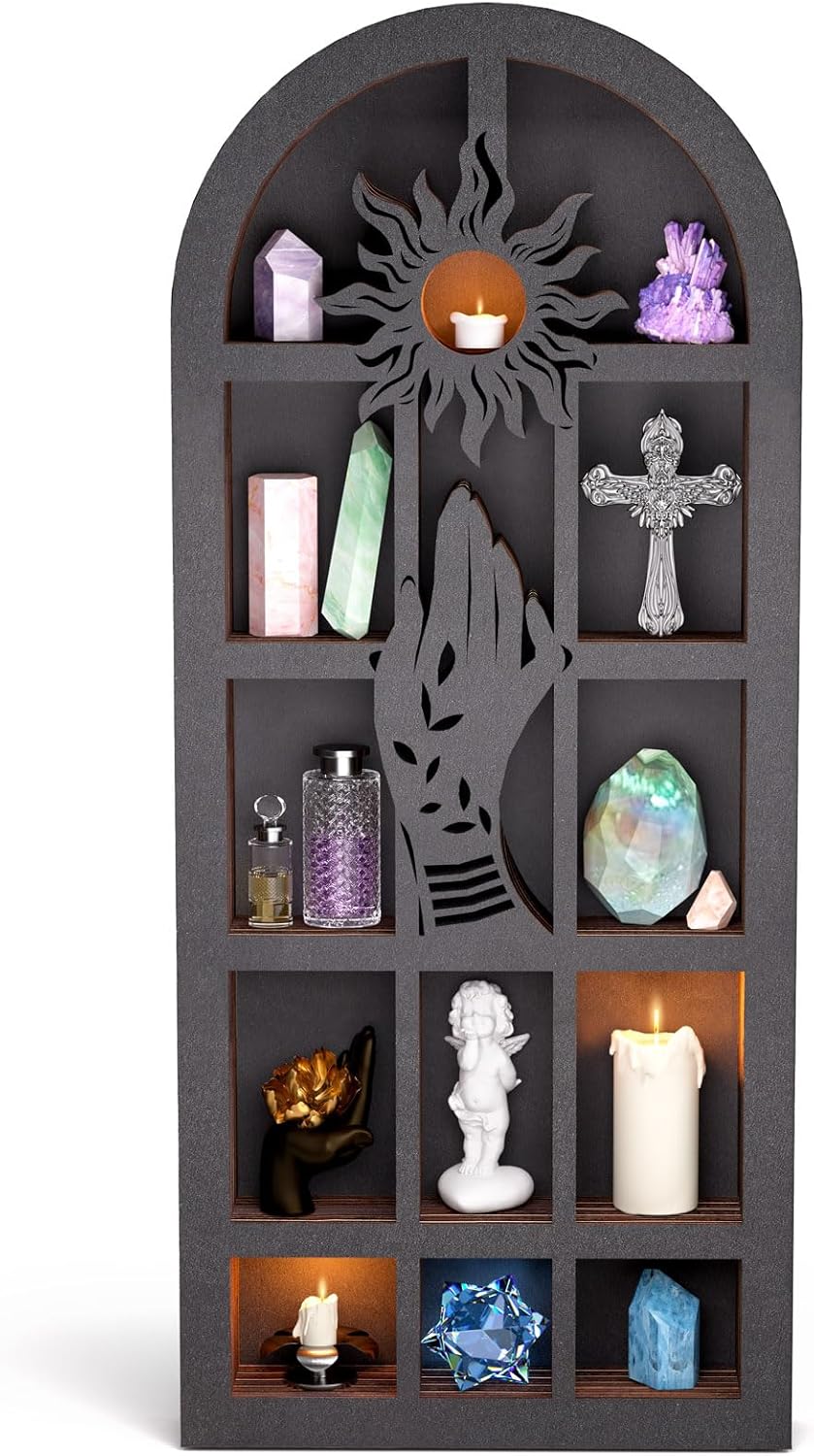 Qmetalart Religious Trinket Shelf, Crystal Display Shelf Storage Wall Hanging Wooden