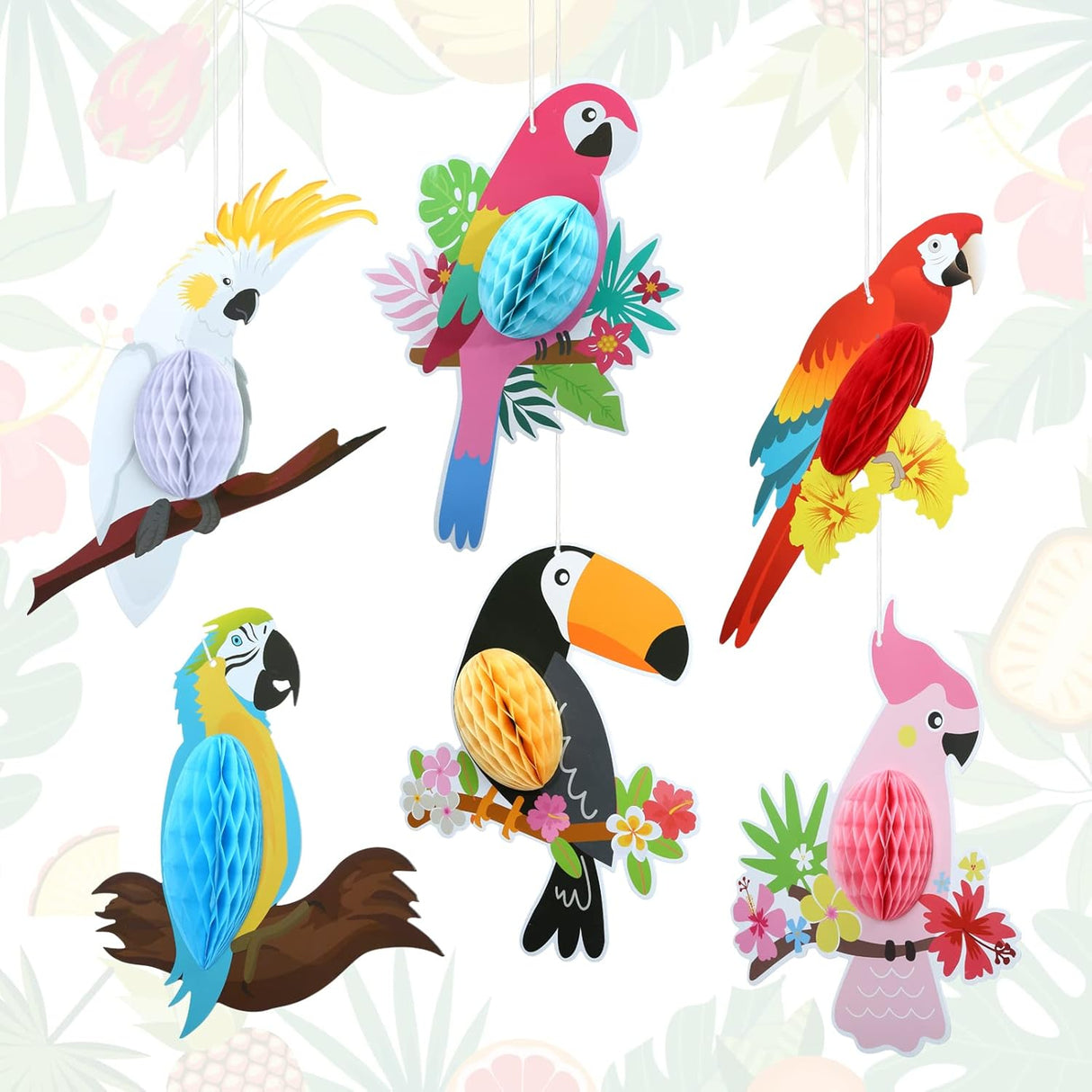 6 Pieces Hawaiian Tropical Birds Hanging Parrot Honeycomb Party