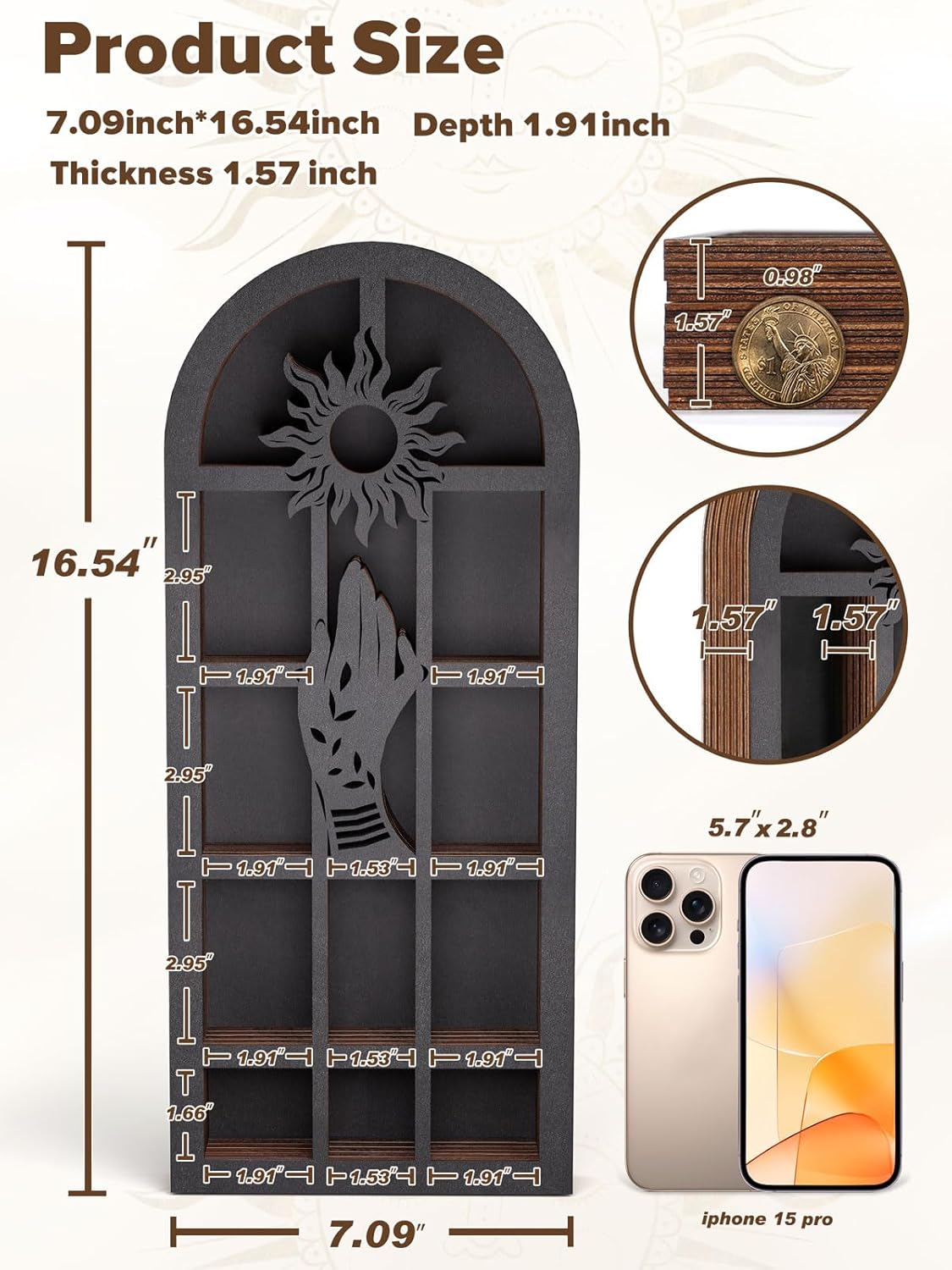 Qmetalart Religious Trinket Shelf, Crystal Display Shelf Storage Wall Hanging Wooden