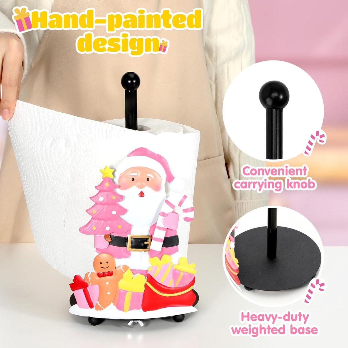Qmetalart Pink Santa Claus Paper Towel Holder – Festive Christmas Paper Towel Stand,