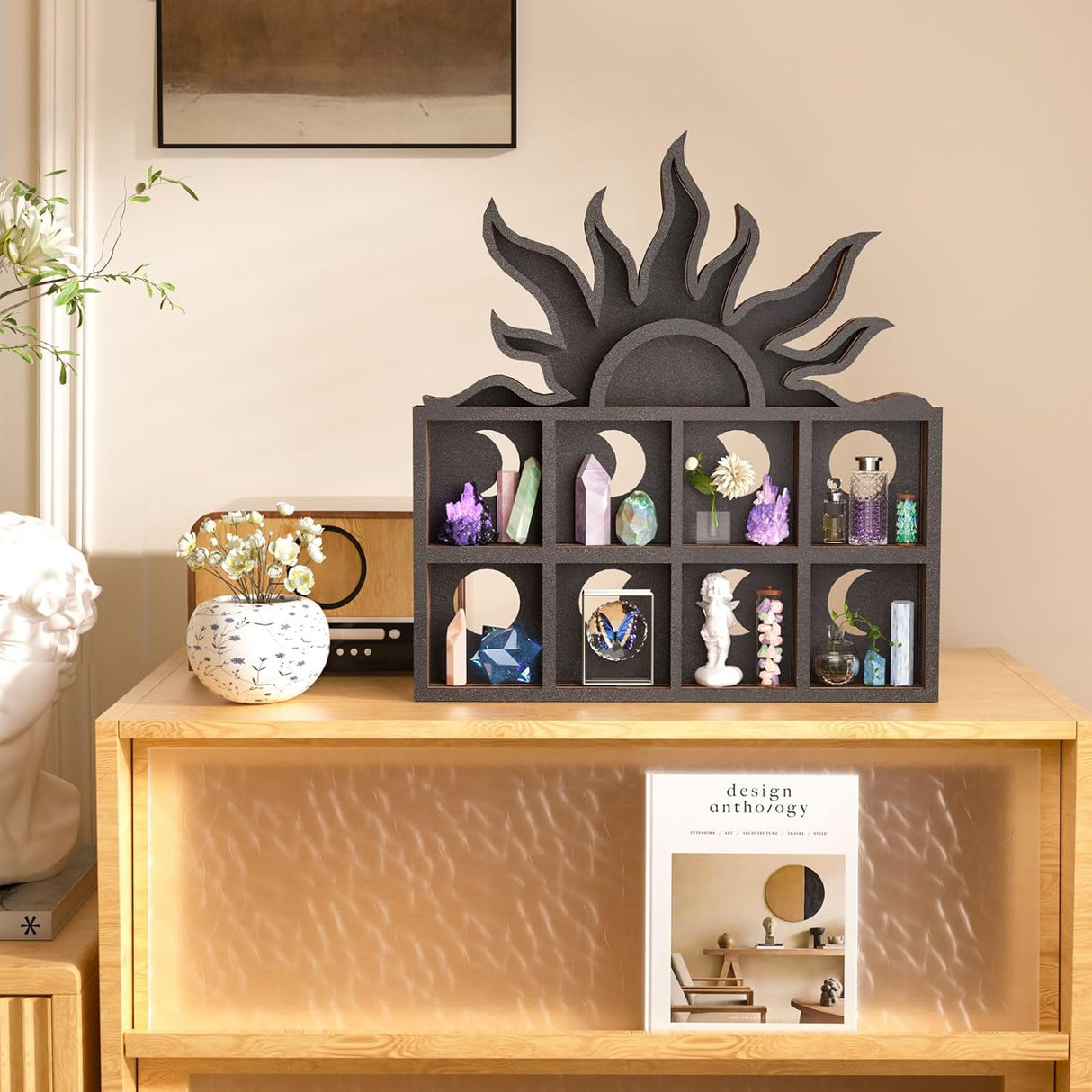 Qmetalart Sunrise Trinket Shelf, Sun Moon Crystal Display Shelf Storage Wall Hanging