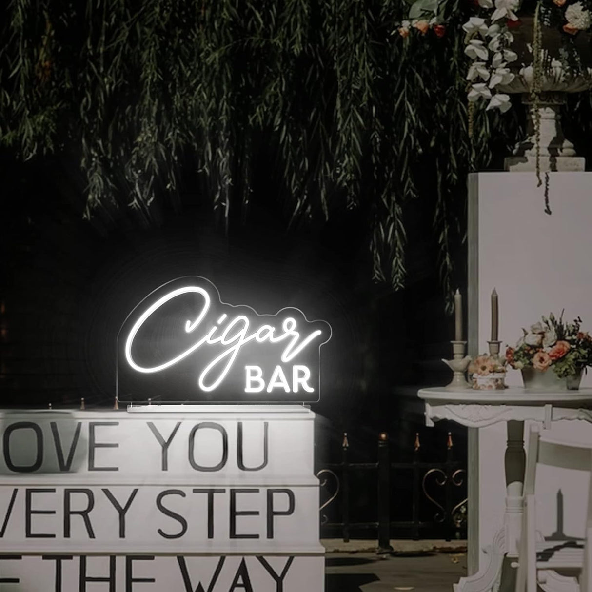 Cigar Bar Neon Sign Tabletop, White Wedding LED Neon Light with Stand, Handmade Cigar Bar
