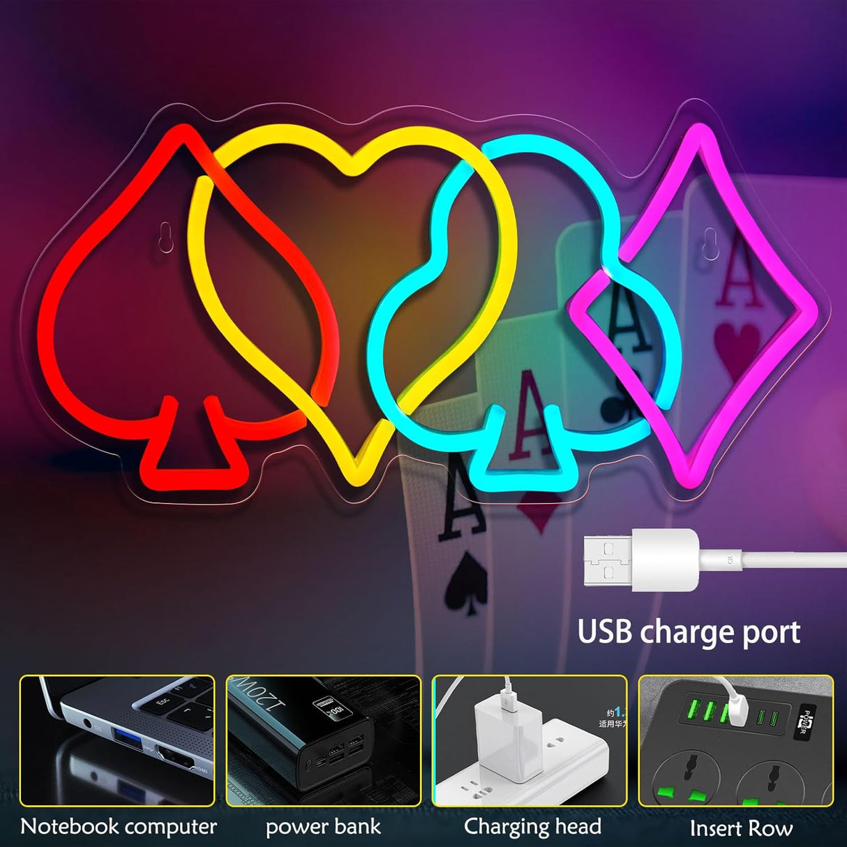 Poker Neon Sign–LED Playing Cards Neon Light for Wall Decor, USB Powered Dimmable