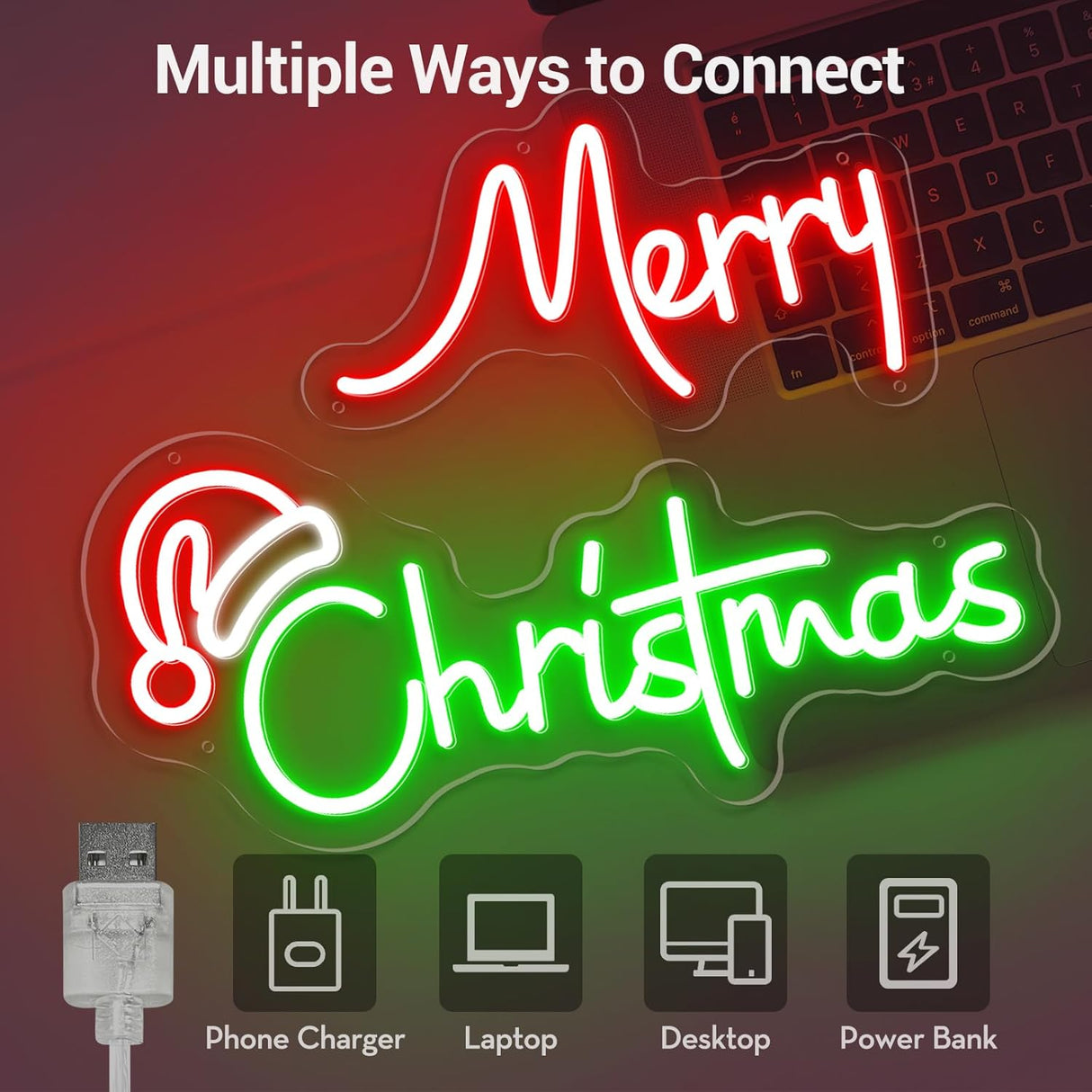 Large 25 Inch Merry Christmas Neon Signs, Red Green Led Neon Light Sign for Party Gift