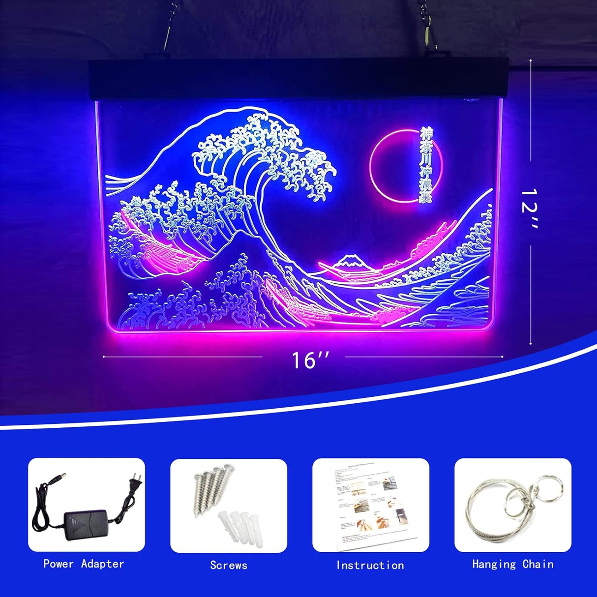 The Great Wave Off Kanagawa Neon Sign for Wall Decor, Handmade Japanese Wave LED Sign