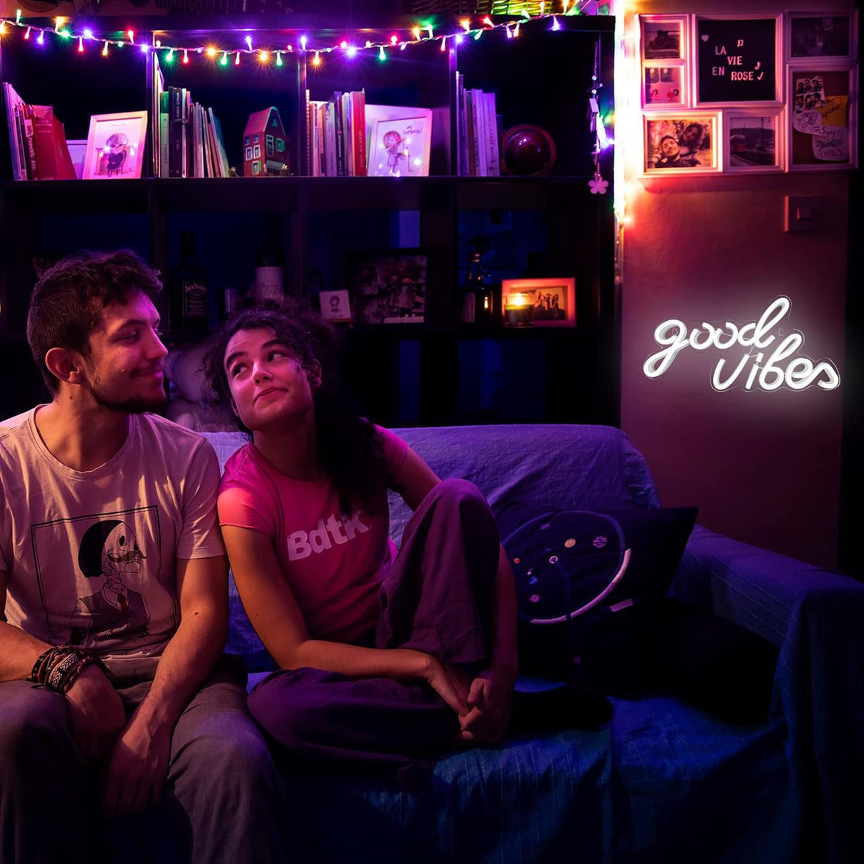 Good Vibes Neon Sign, LED Neon Signs for Wall Decor, White Neon Lights for Bedroom & Party