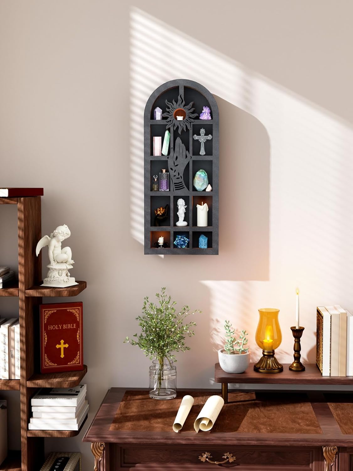 Qmetalart Religious Trinket Shelf, Crystal Display Shelf Storage Wall Hanging Wooden