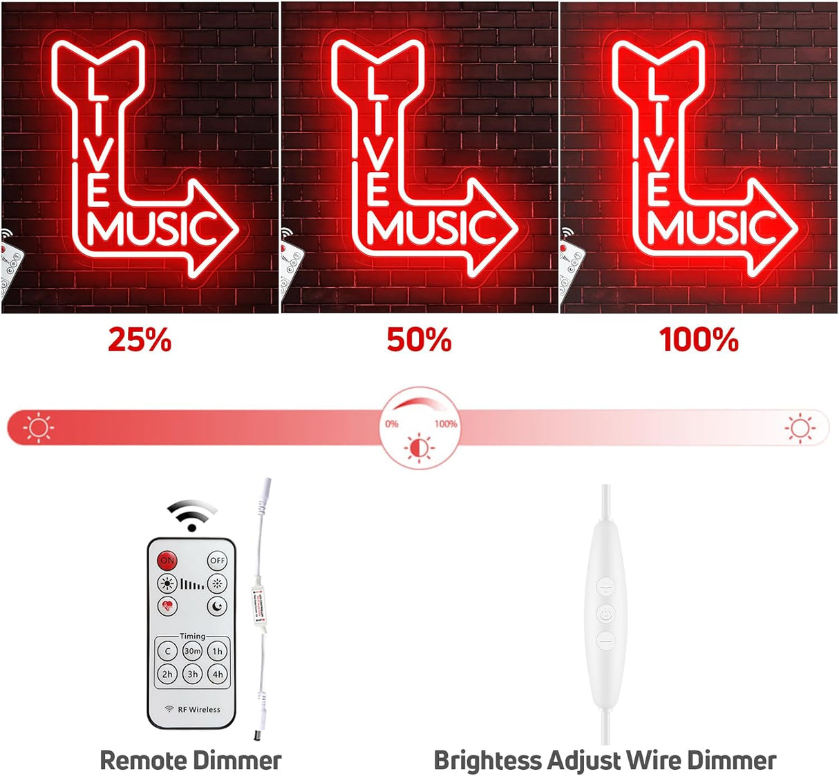 Live Music Neon Sign for Wall, Remote Dimmer Red Live Music LED Neon Light Sign for Concert Festival