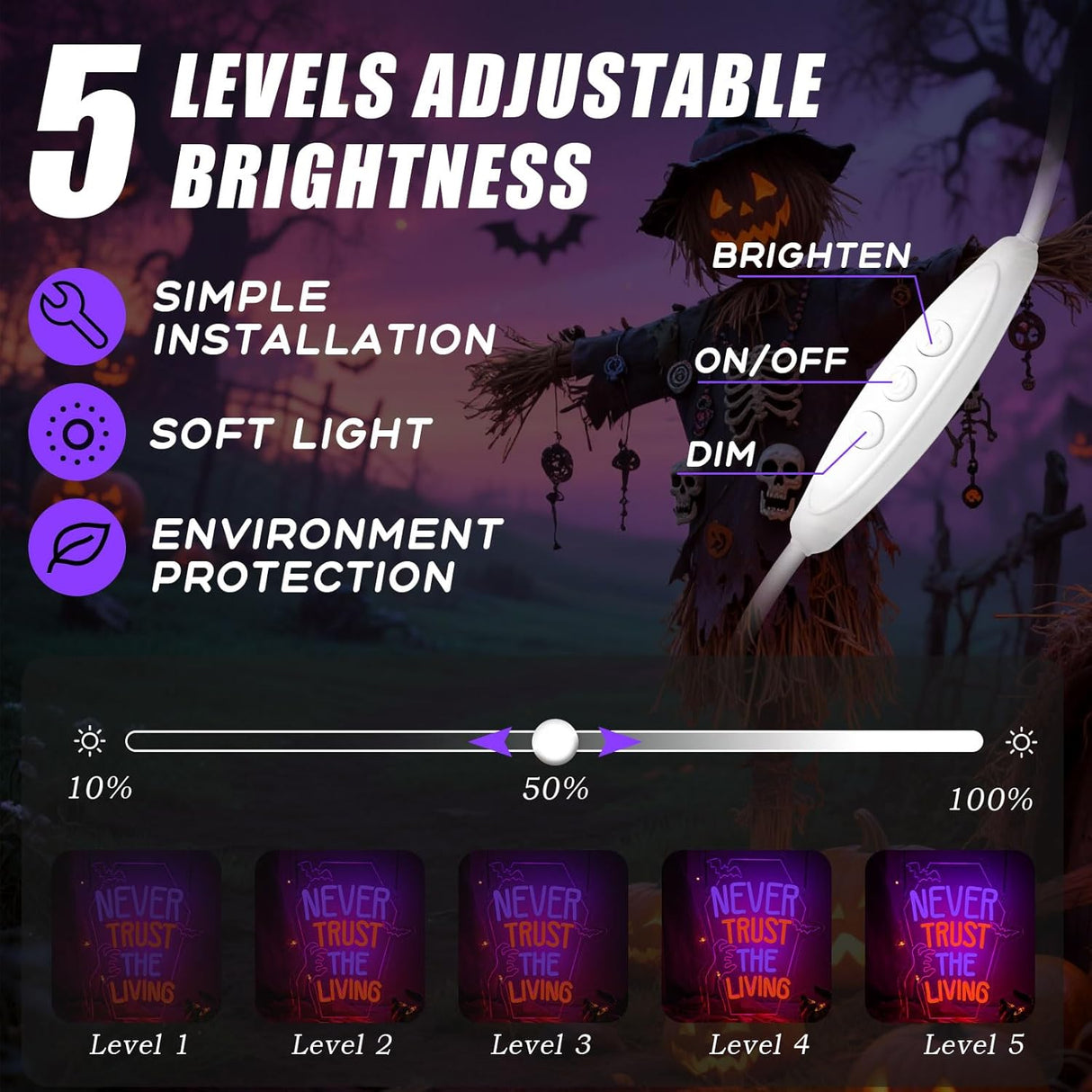 Never Trust The Living Neon Sign, Dimmable Halloween Neon Sign LED Horror Decor for Bedroom Game Room Scary Room