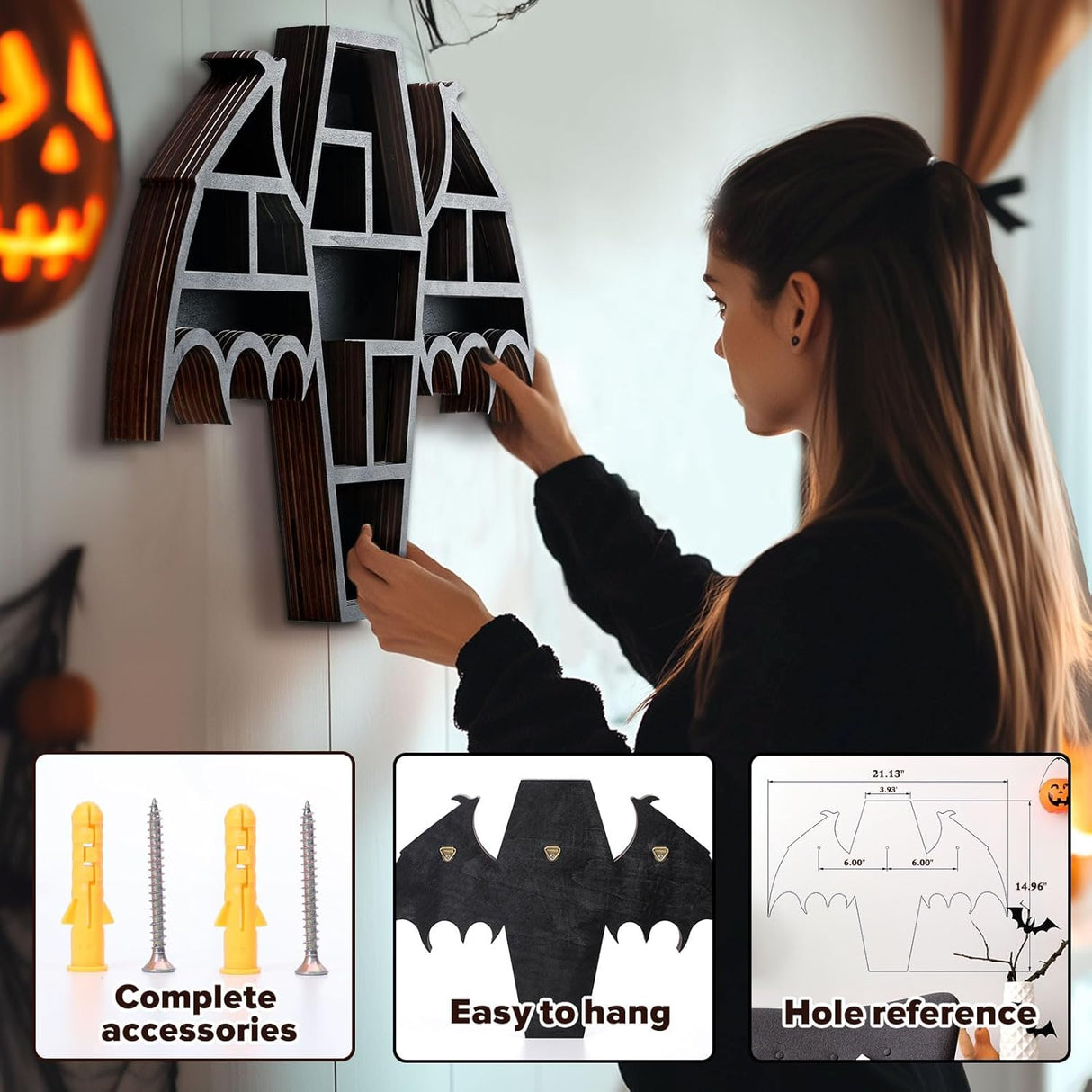 Qmetalart Coffin Shelf with Bat Wings, Wooden Gothic Decor for Display or Storage Rocks Mini Figures