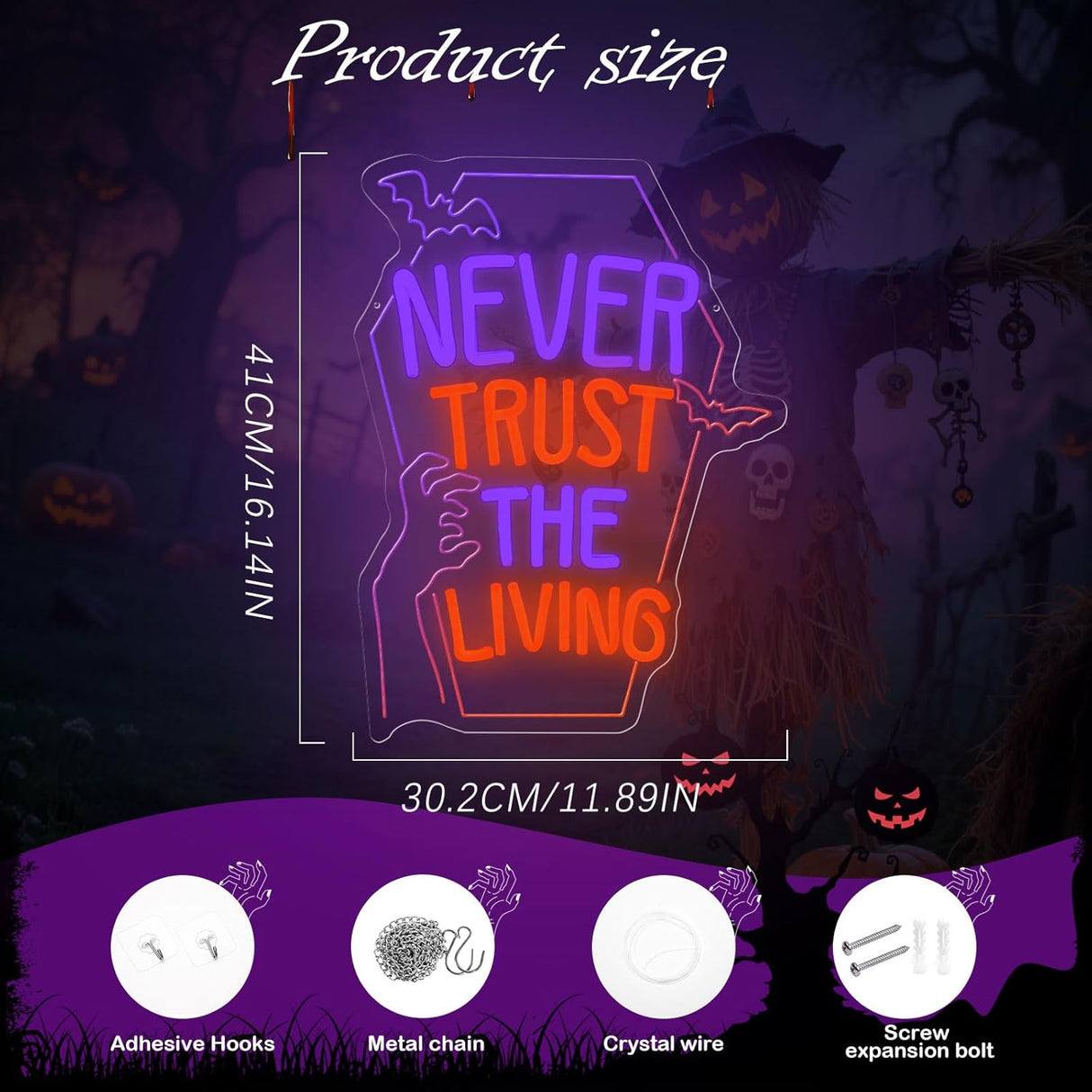 Never Trust The Living Neon Sign, Dimmable Halloween Neon Sign LED Horror Decor for Bedroom