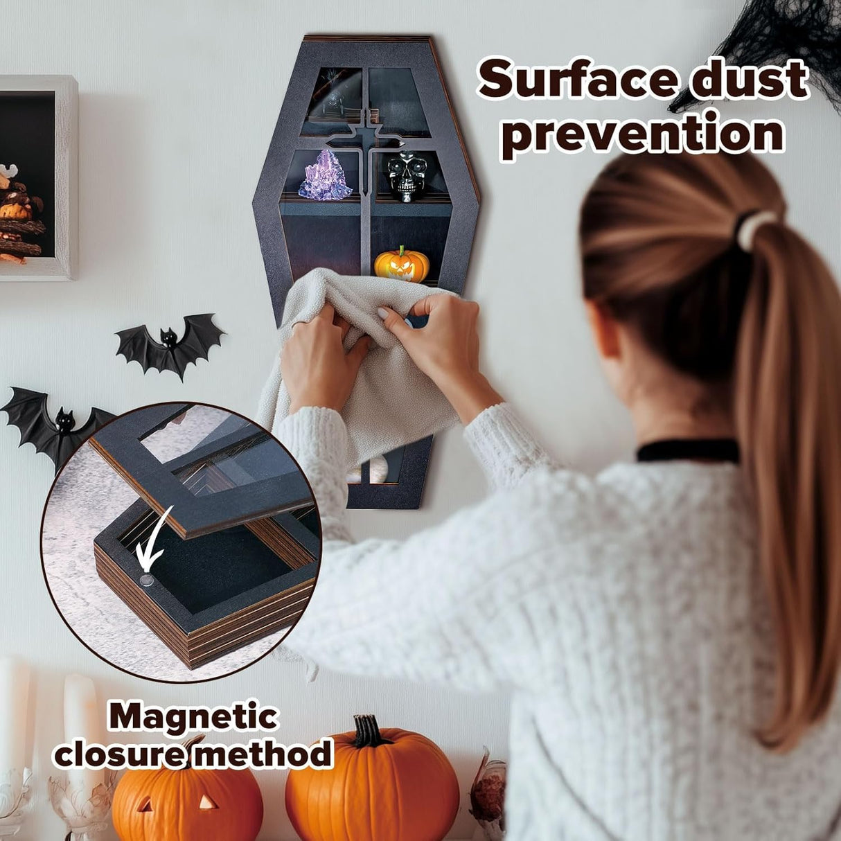 Qmetalart Coffin Shelf with Acrylic Dust Cover, Wooden Gothic Decor for Display or Storage Rocks Mini Figures,