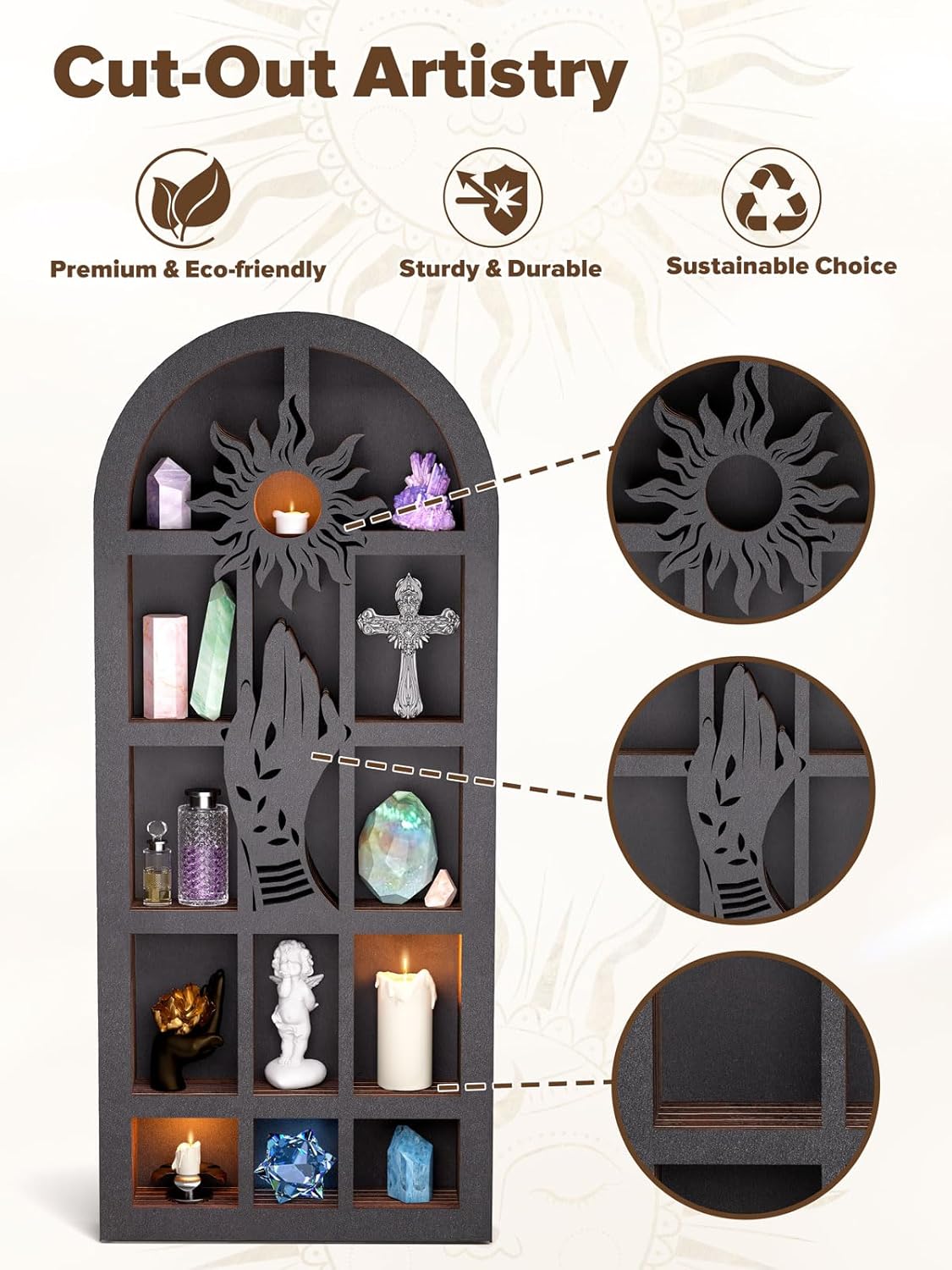 Qmetalart Religious Trinket Shelf, Crystal Display Shelf Storage Wall Hanging Wooden