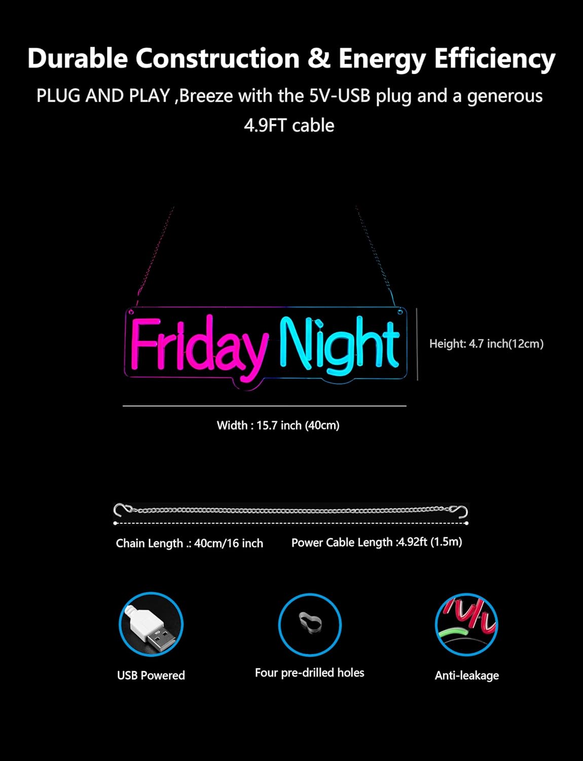 Friday Night Neon Sign,15.7 Inch Giant Friday Night Light up Sign - Cool Neon Light Wall Decor for Home Karaoke Bar Restaurant Pub Cafe Salon Game Room, USB Powered (15.7 x 4.7 inches, 1Pack)