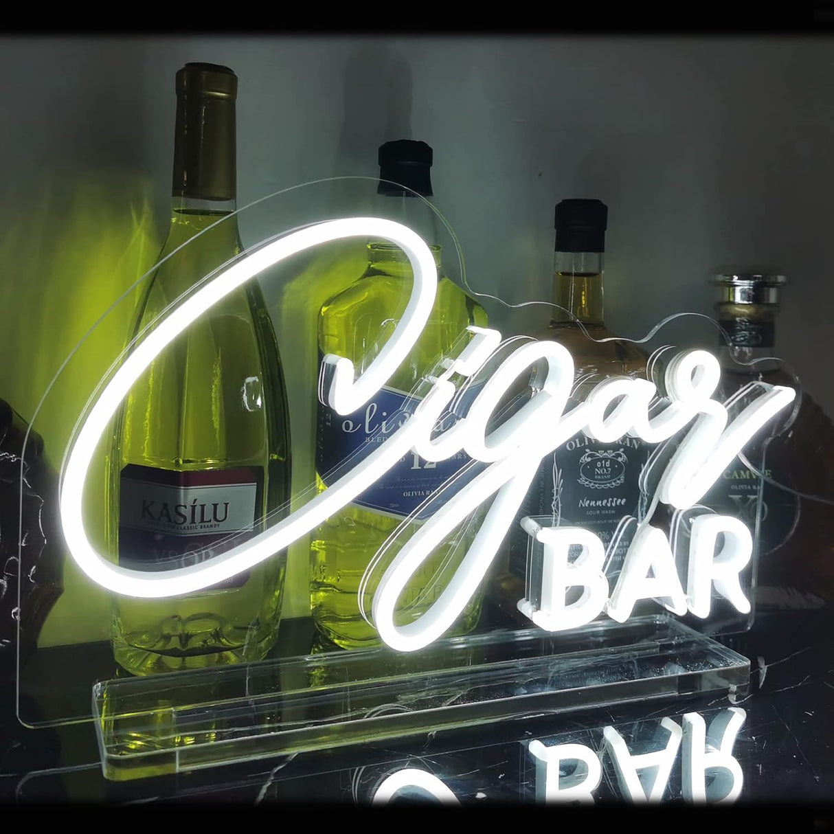 Cigar Bar Neon Sign Tabletop, White Wedding LED Neon Light with Stand, Handmade Cigar Bar