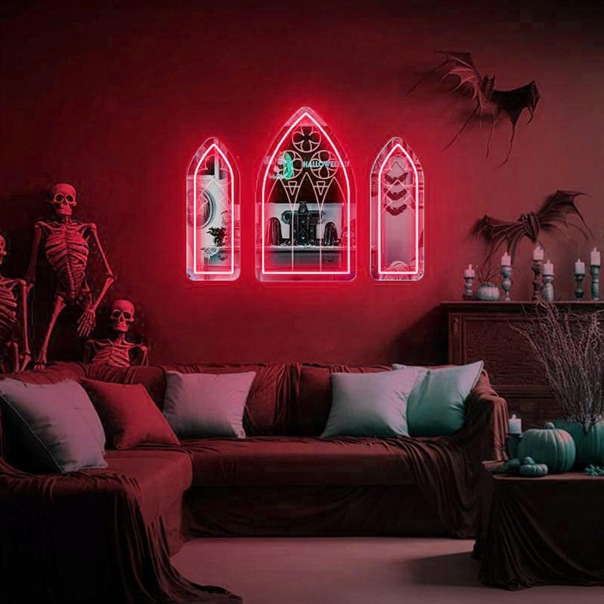 Gothic Mirror Neon Sign, 3 Piece Dimmable Retro Red Gothic Cathedral Arch Window Light
