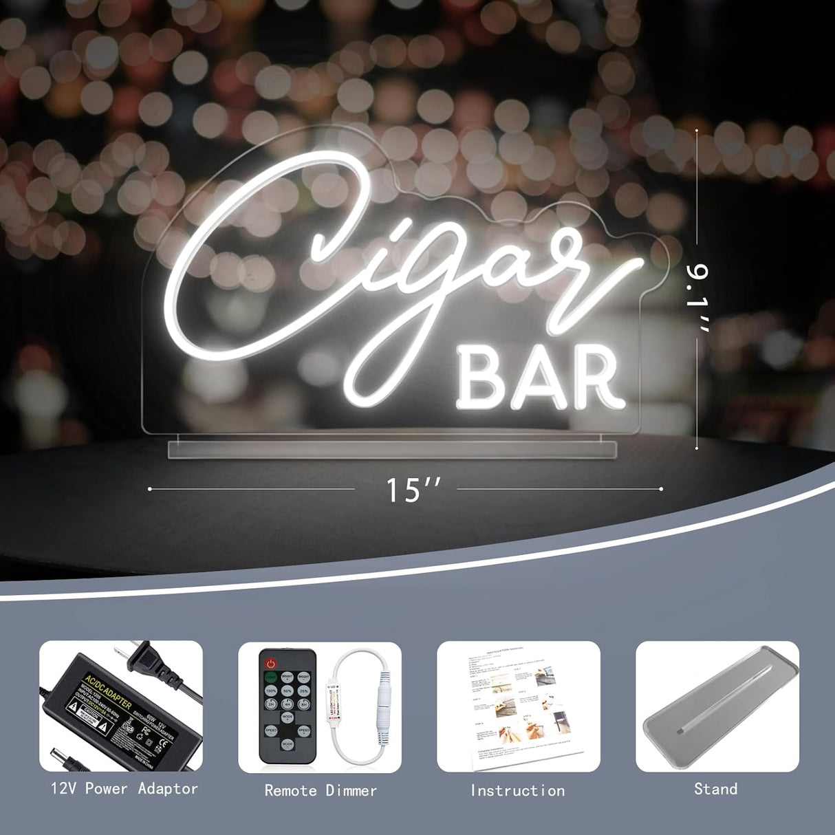 Cigar Bar Neon Sign Tabletop, White Wedding LED Neon Light with Stand, Handmade Cigar Bar