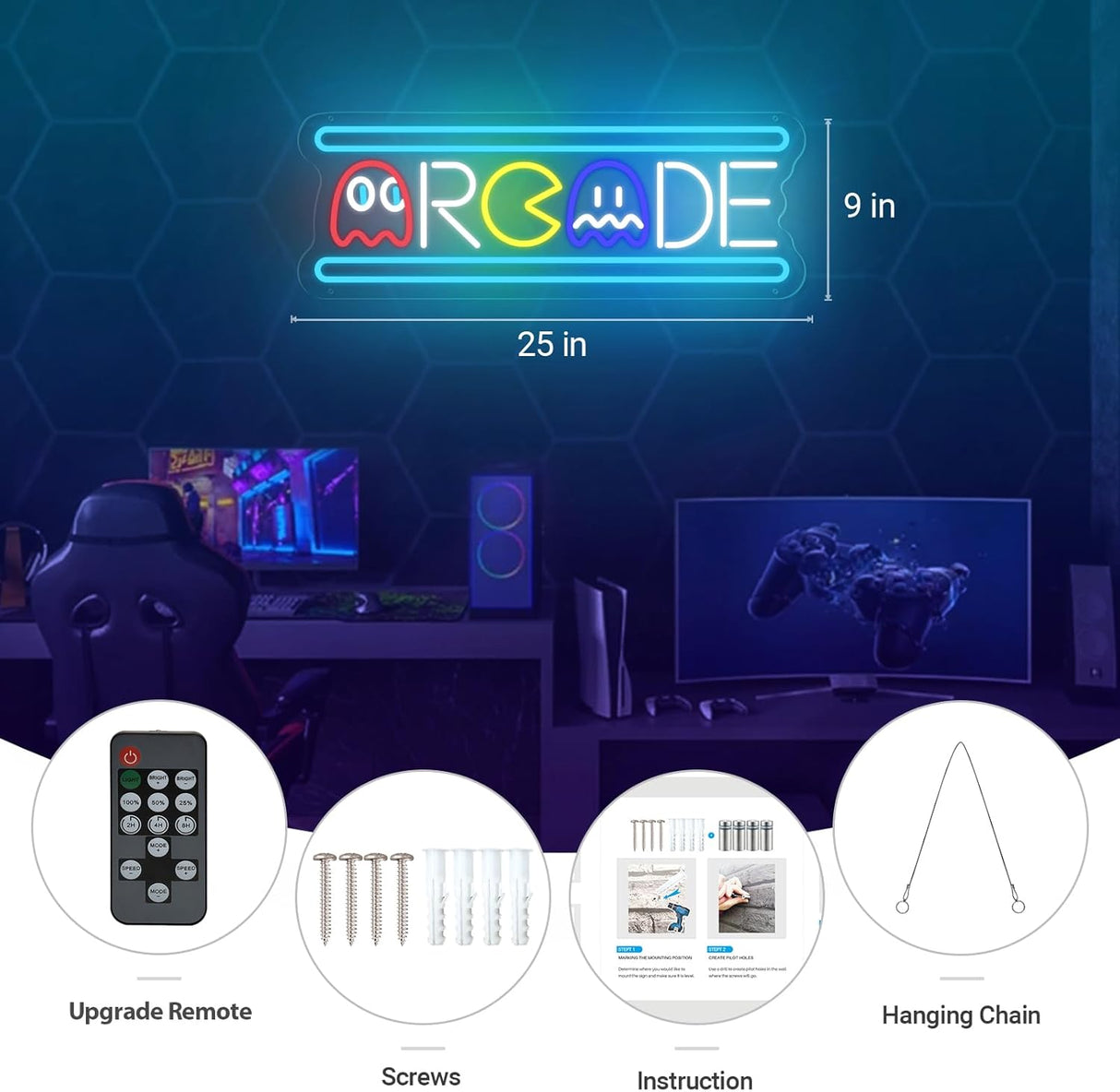 Ugrade Retro Game Ghost Arcade LED Neon Light Sign, Handmade Aesthetic Arcade Night Lamp for Game Room