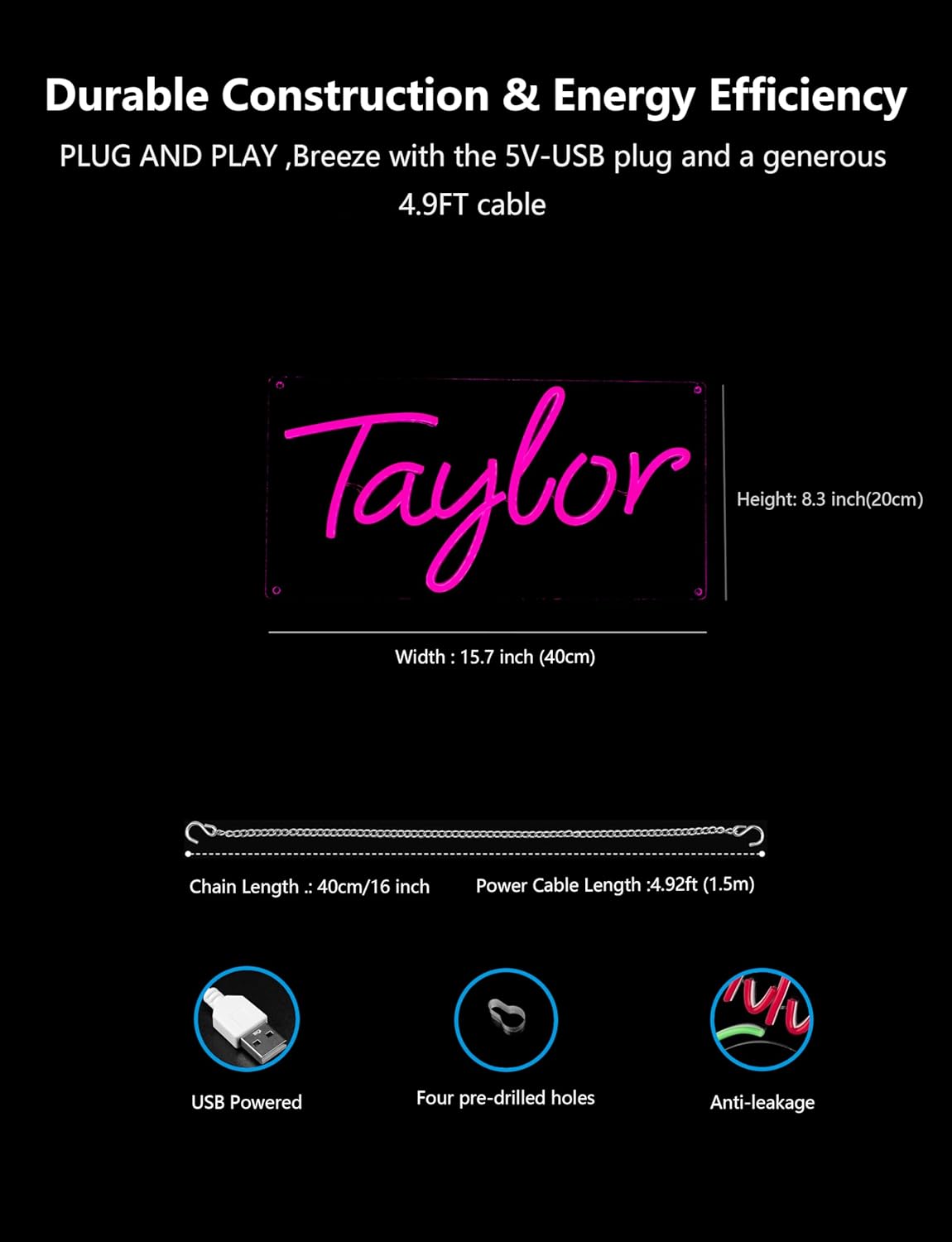 Taylor Neon Sign,15.7 Inch Giant Taylor Light up Sign - Cool Neon Light Wall Decor for Home Karaoke Bar Restaurant Pub Cafe Salon Game Room, USB Powered (15.7 x 8.3 inches, 1Pack)